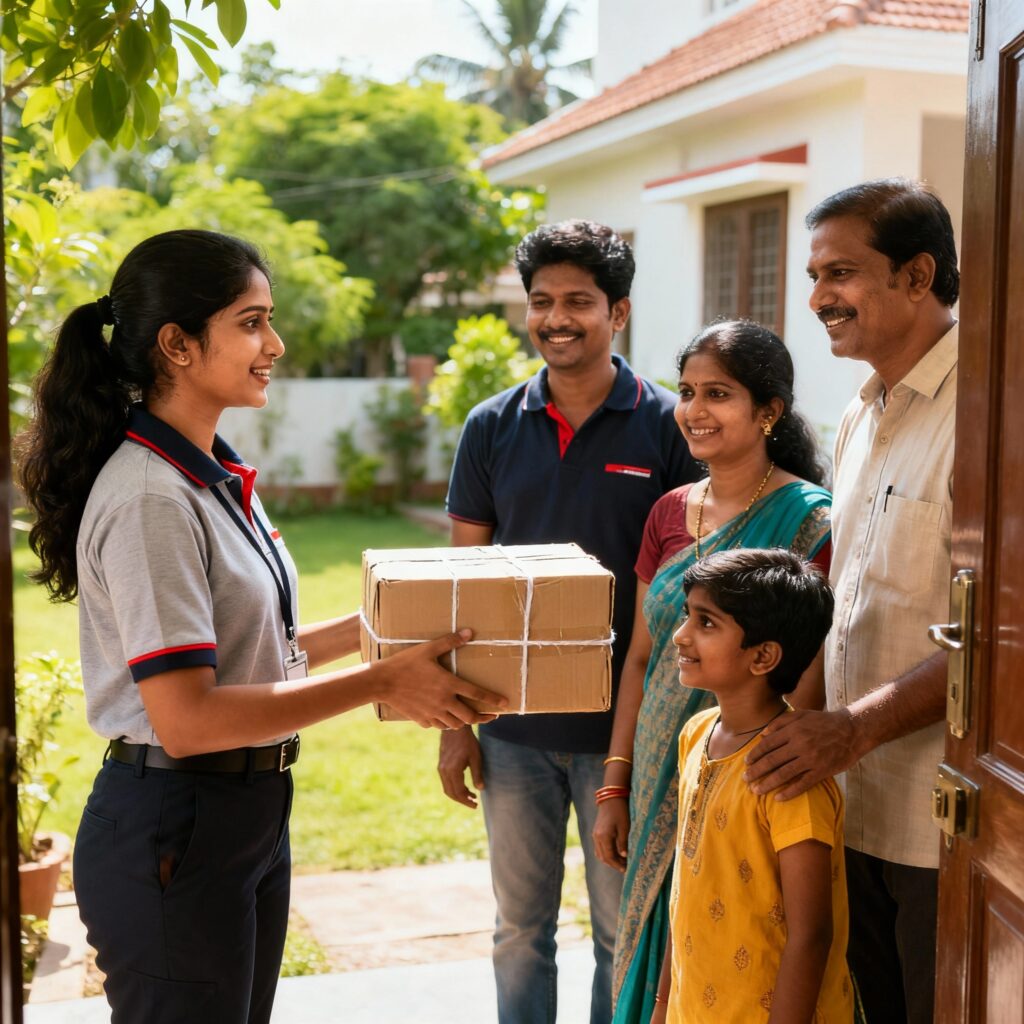 South Indian female delivery person handing parcel to Tamil family outside suburban home in Pozhichalur, Chennai.