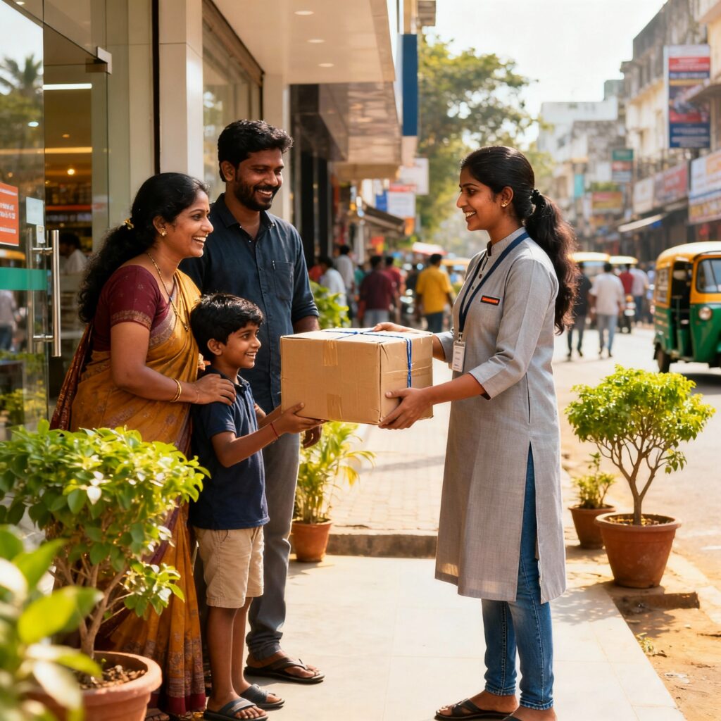 South Indian female delivery person handing parcel to Tamil family outside commercial building in Pudupet, Chennai.
