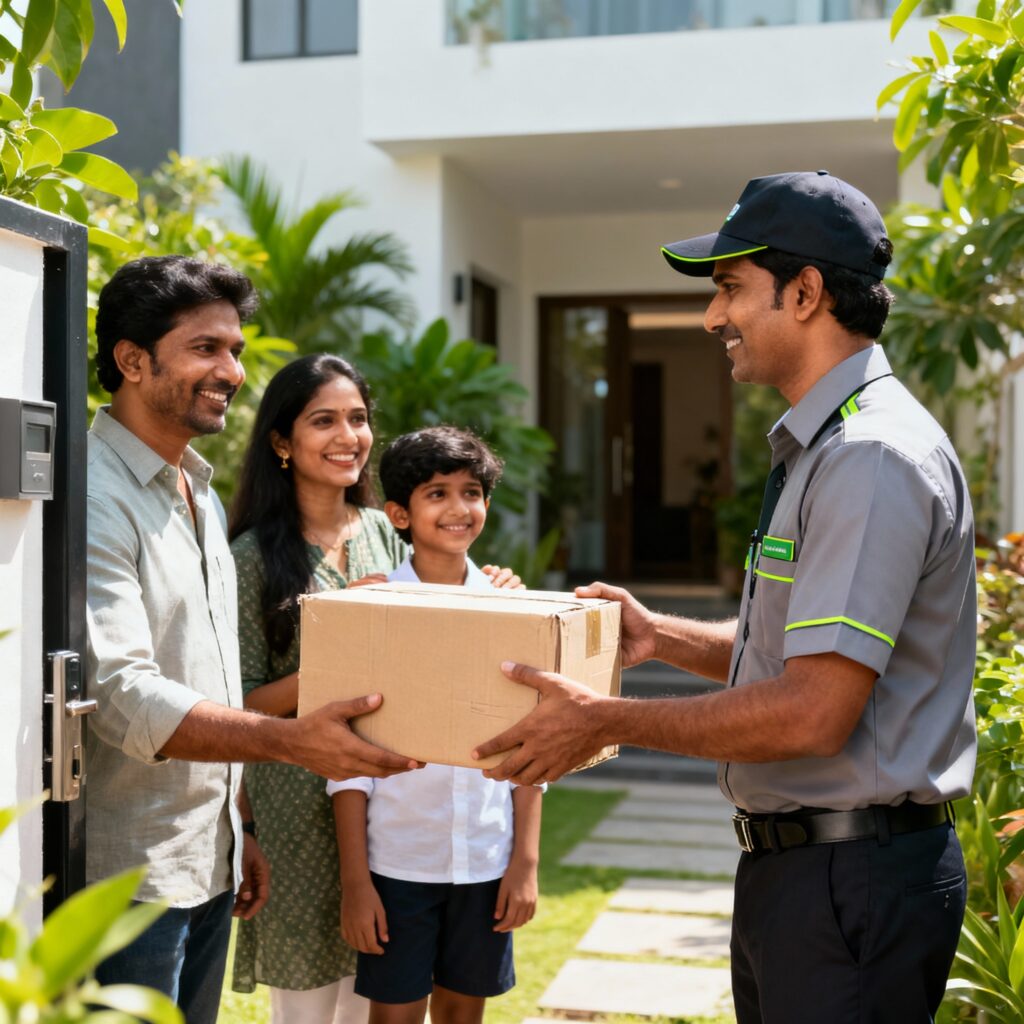 South Indian delivery person handing parcel to family outside a modern home in Ramavaram, Chennai.