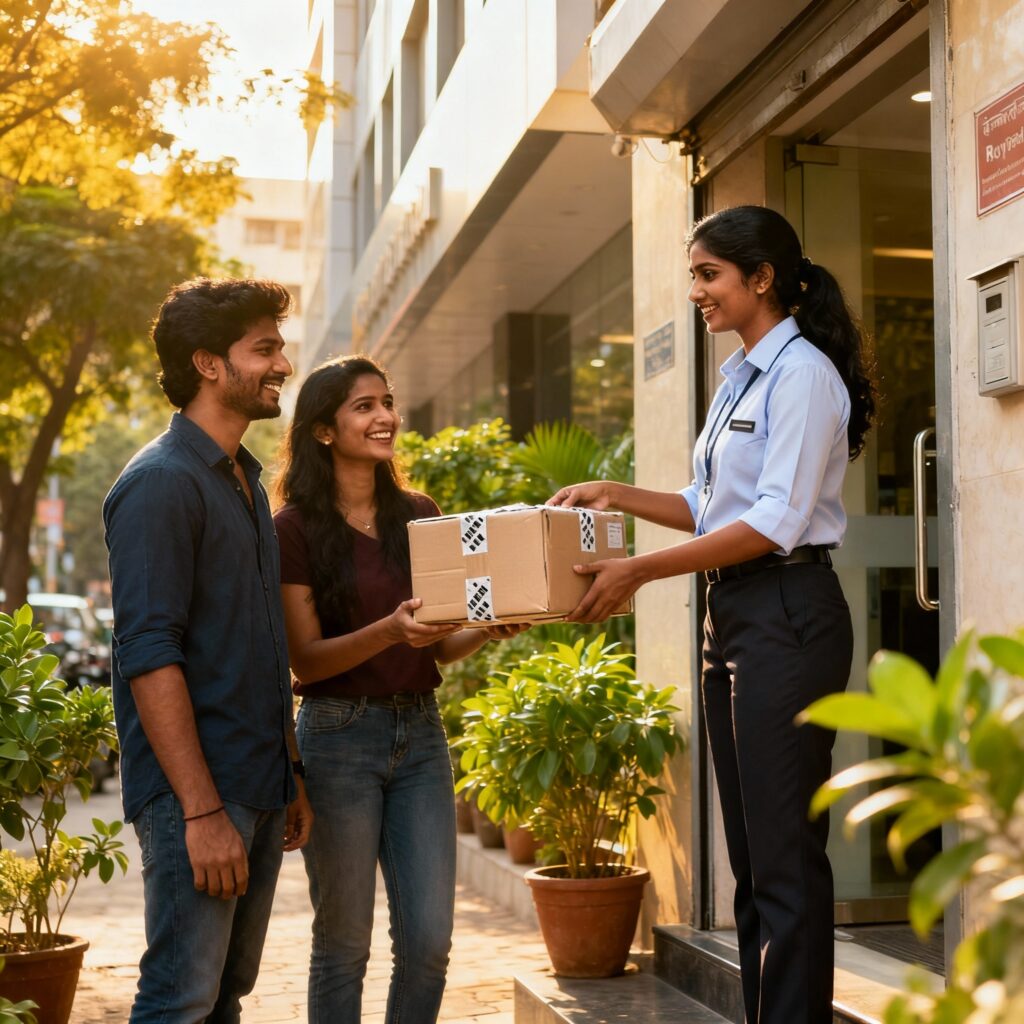South Indian female delivery person handing parcel to couple outside commercial building in Royapettah, Chennai.