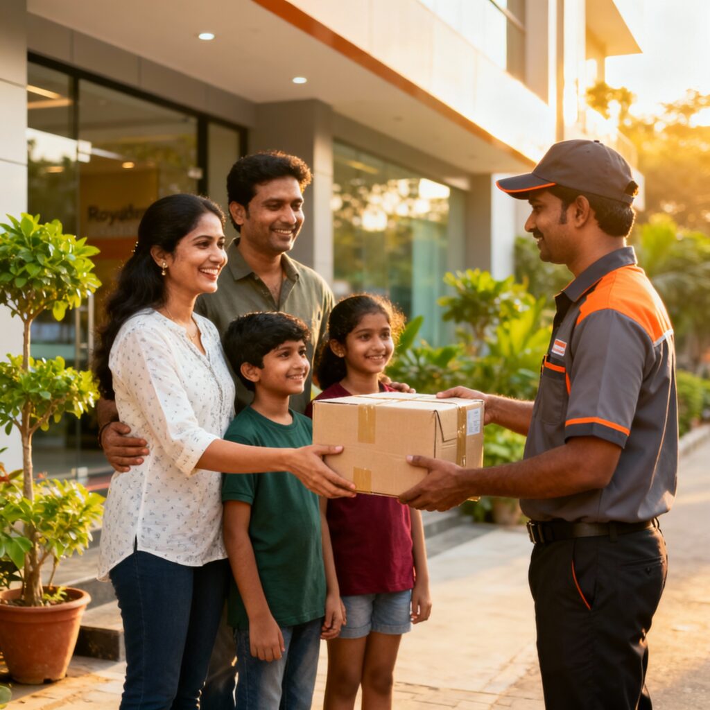 South Indian male delivery person handing parcel to family outside commercial building in Royapuram, Chennai.