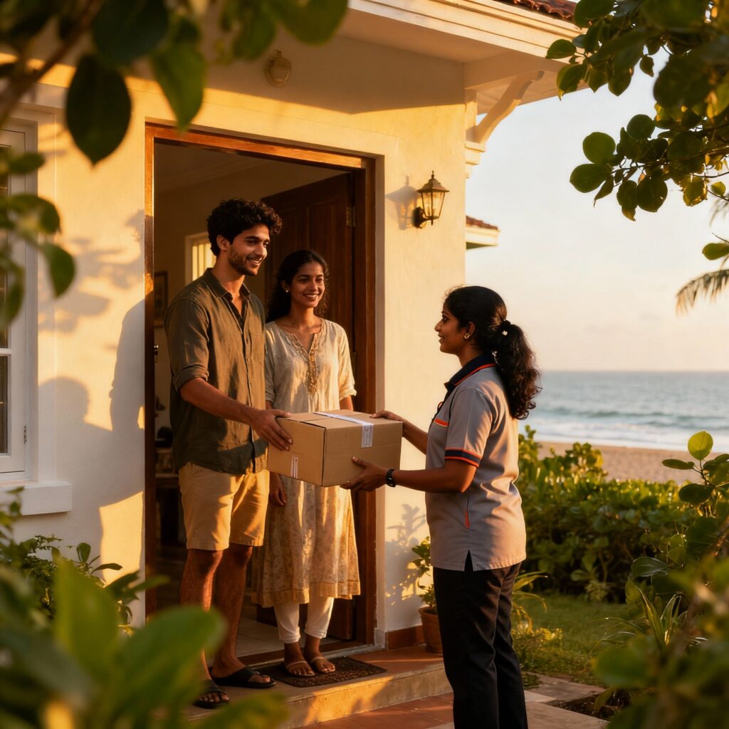 South Indian female delivery person handing parcel to young couple at coastal-style home in Santhome, Chennai.