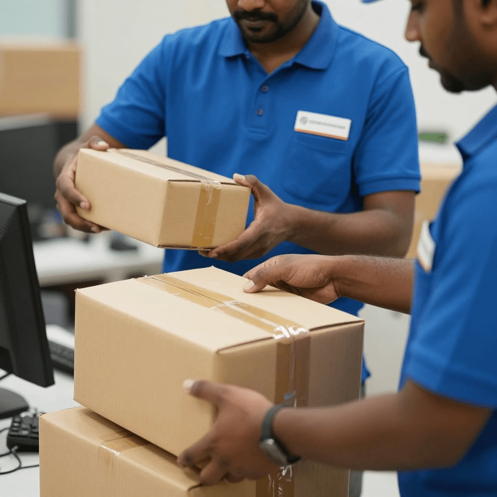 DHL staff handling international courier parcels in Mylapore