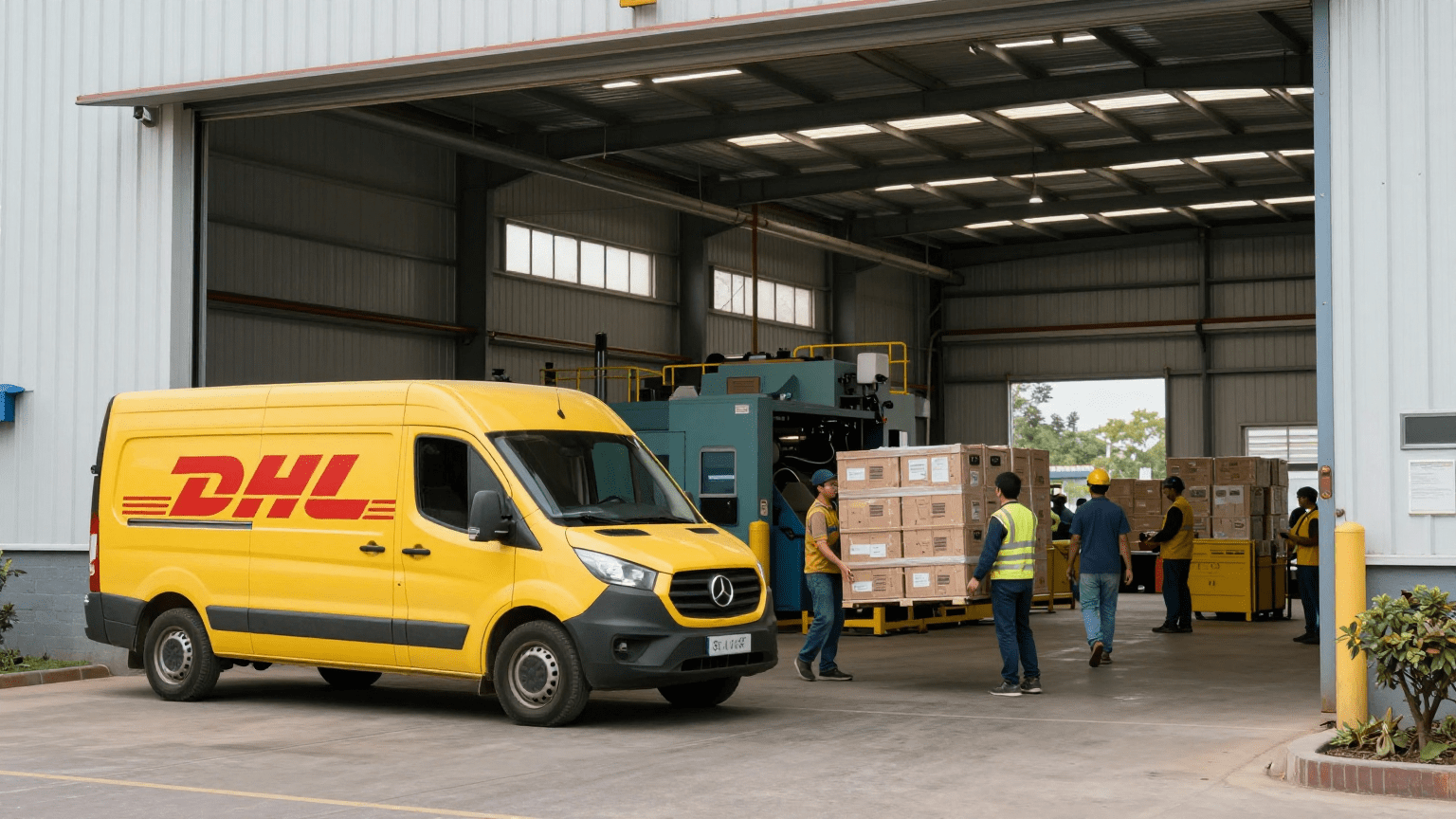 DHL courier van outside industrial factory in Washermanpet Chennai