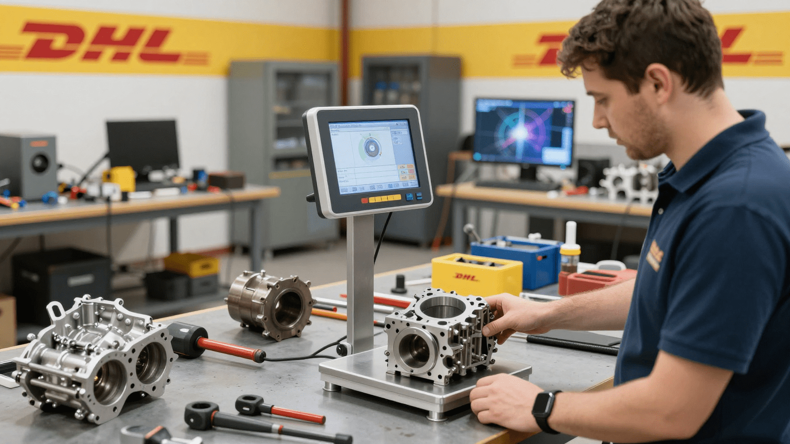 DHL staff weighing heavy machine parts at Washermanpet workshop