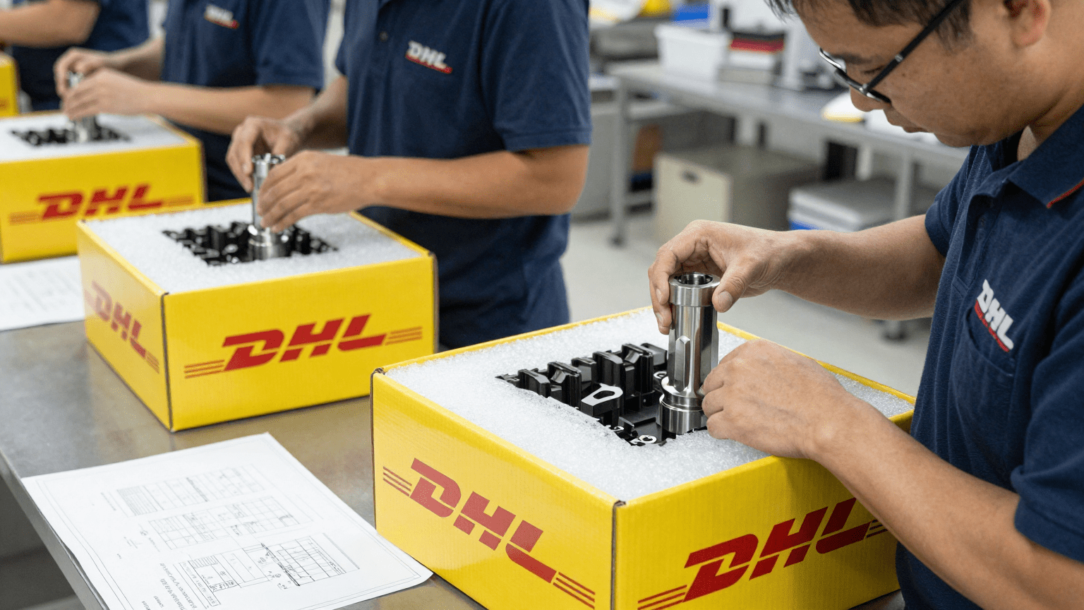 Washermanpet factory workers packing engineering samples for DHL courier