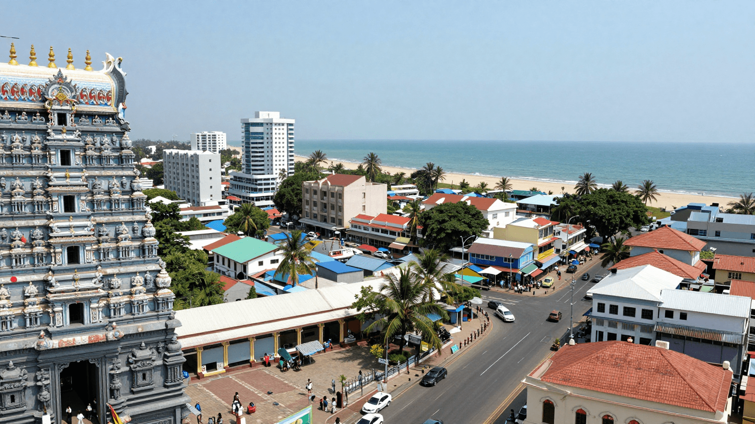 Aerial view showing Triplicane's mix of temples apartments and Marina Beach proximity