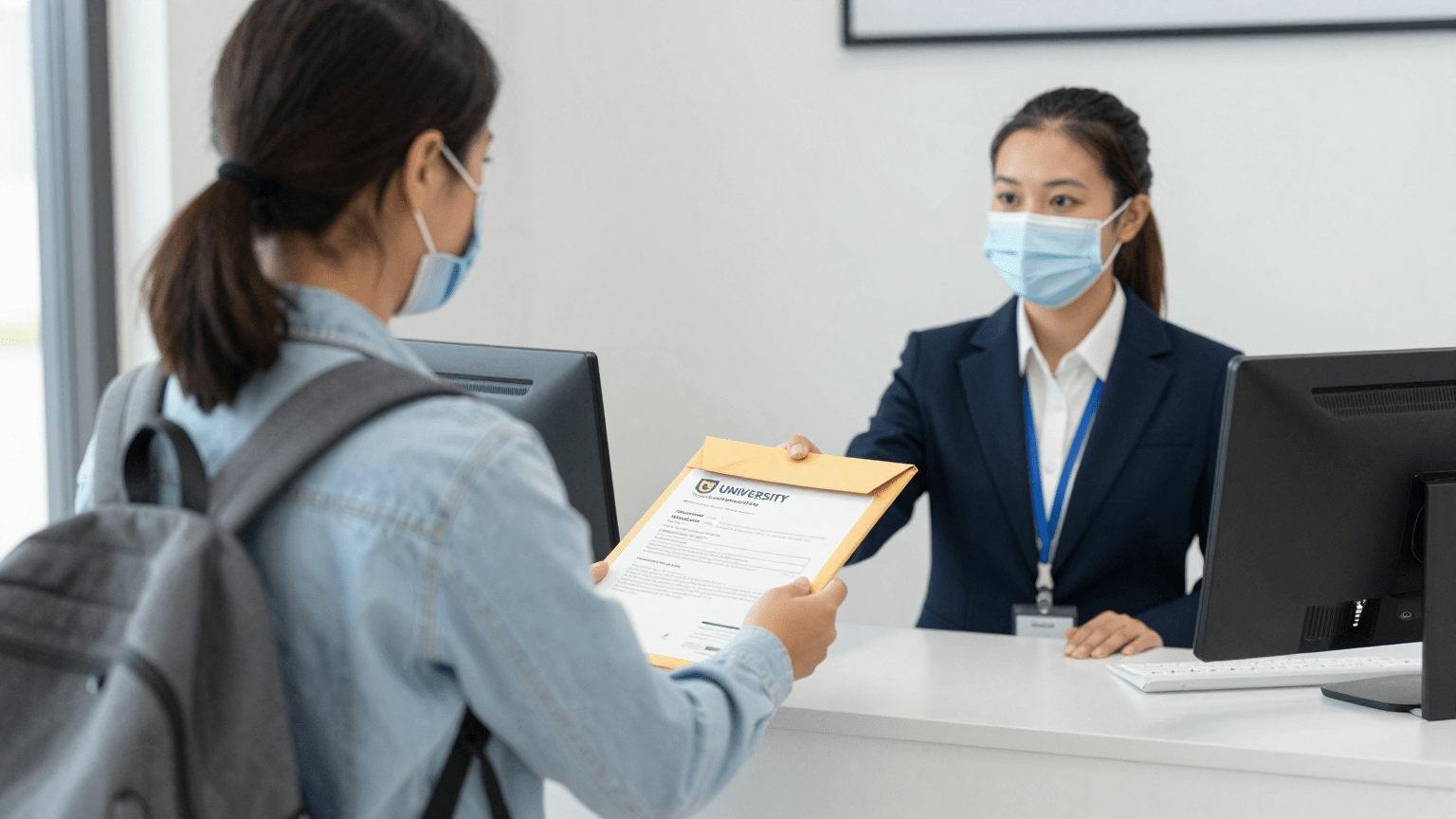 Triplicane student handing university documents to DHL courier staff