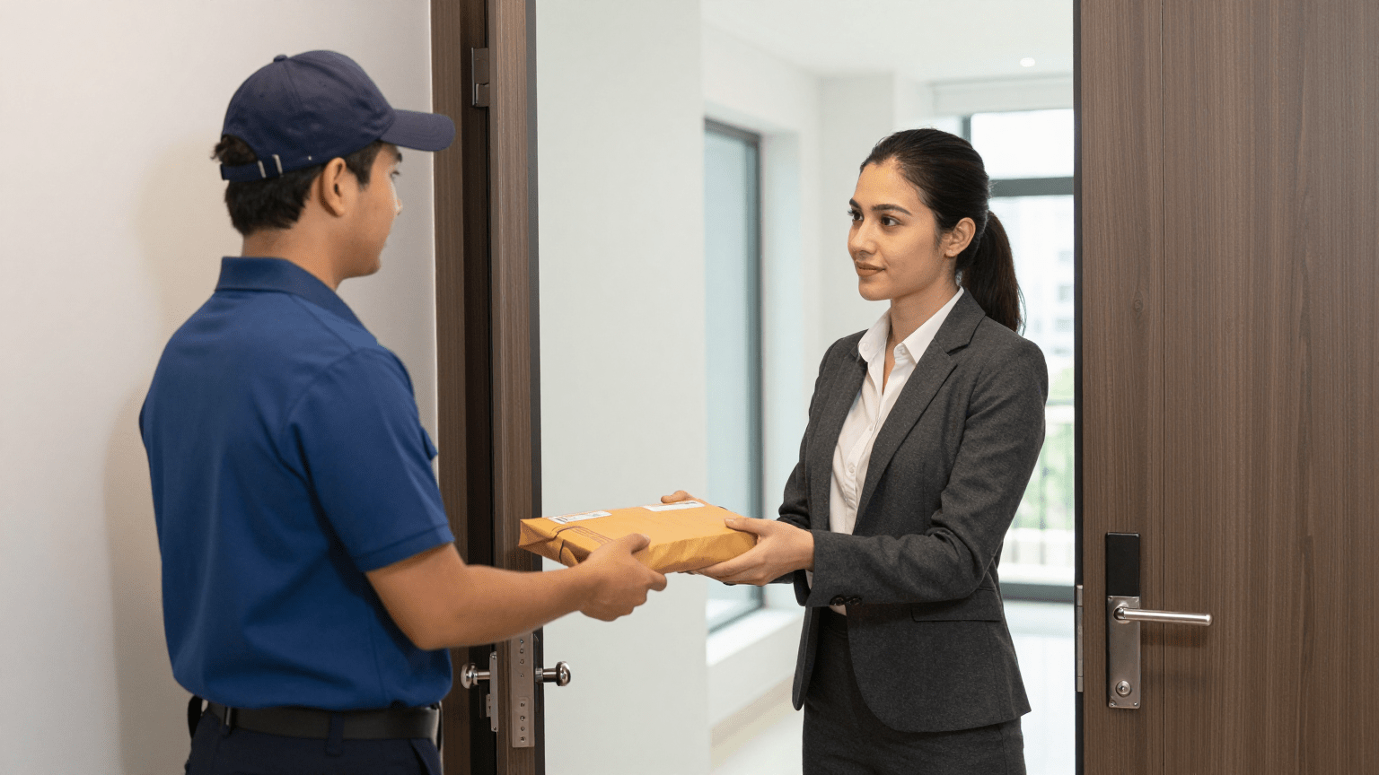 DHL executive collecting courier parcel from Triplicane apartment resident