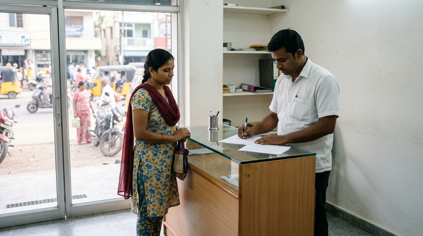 Courier executive receiving a sealed parcel from a customer at a service counter near Poonamallee High Road in Chennai