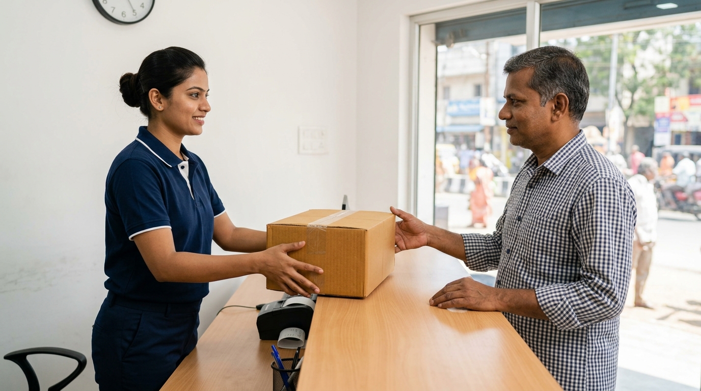 Courier service staff handing a sealed parcel to a customer at a service counter near Mint area in North Chennai