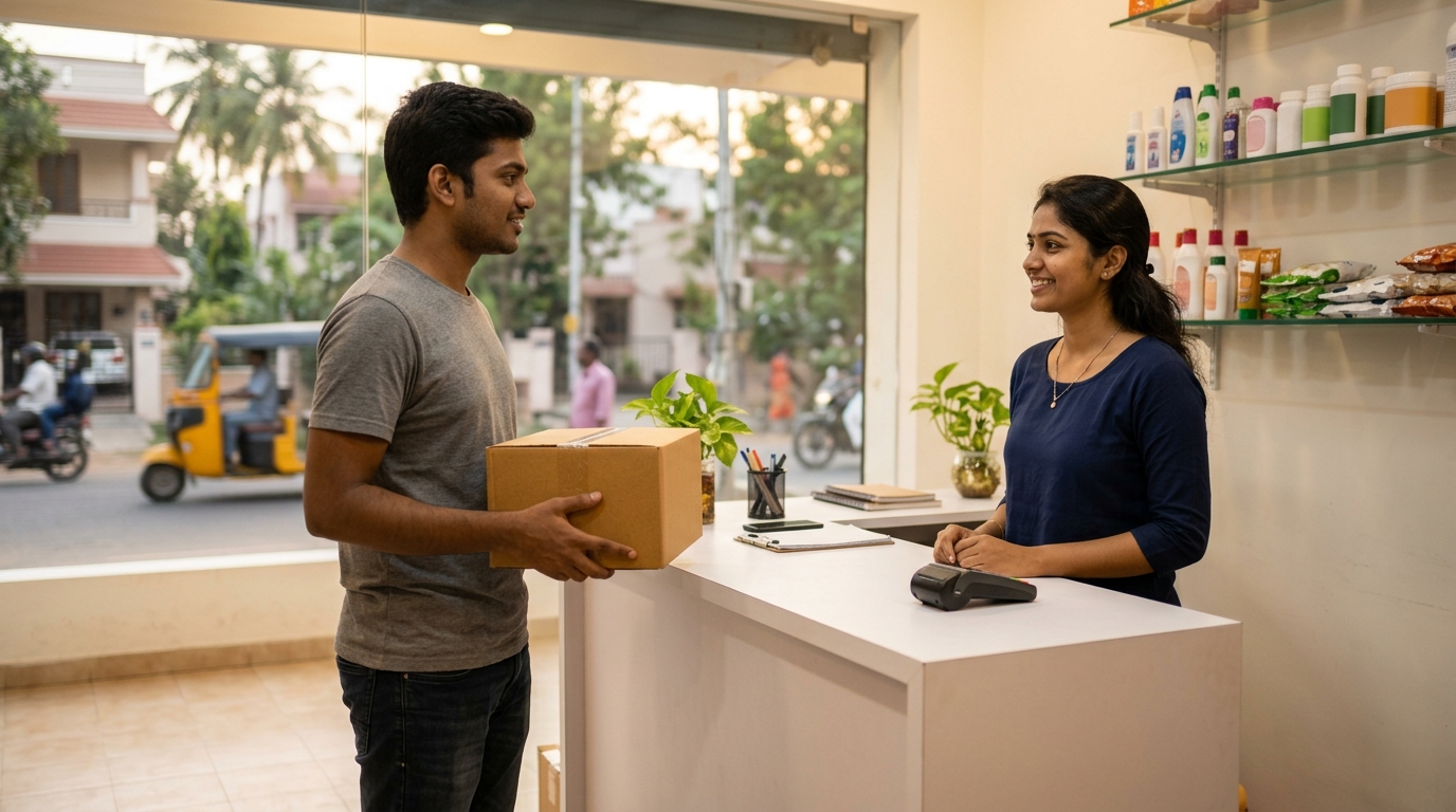 Courier service staff writing a shipping form while a customer hands over a parcel at a counter in West Chennai