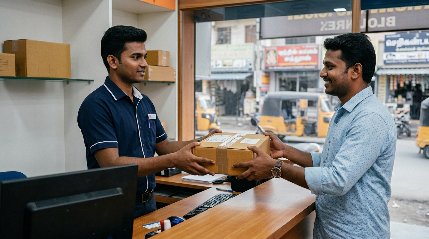 International courier service staff handing a parcel to a customer at a courier office counter in North Chennai