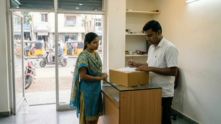 Service counter staff assisting a customer with a parcel dispatch in a neighbourhood shop in North Chennai