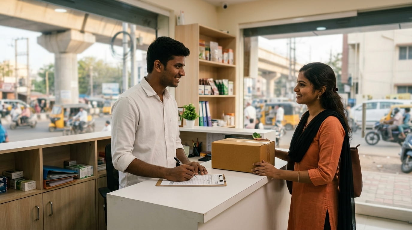 Indoor reception counter in a small neighbourhood courier shop in Arumbakkam Chennai with staff assisting a customer with a parcel