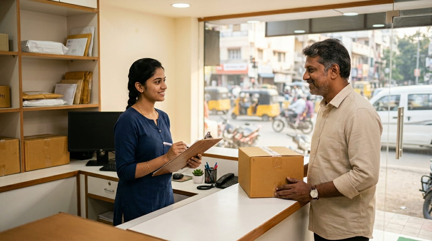 Indoor reception counter in a small neighbourhood courier shop in Nandanam Chennai with staff assisting a customer