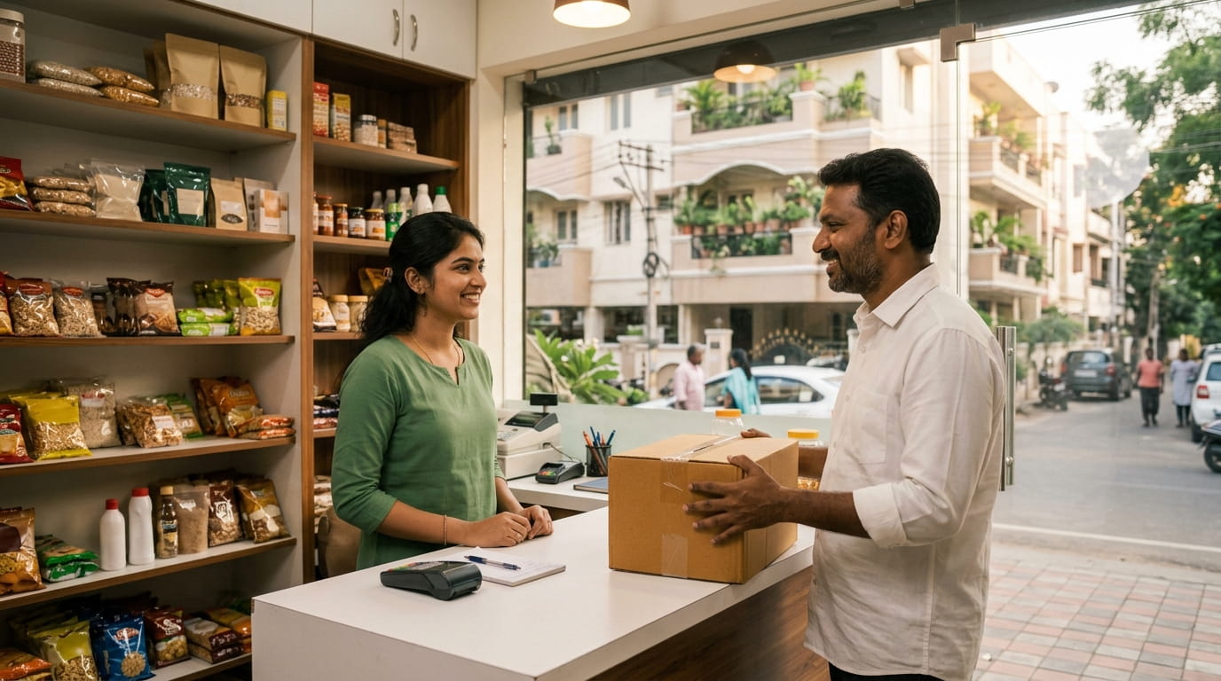 Indoor reception counter in a small neighbourhood courier shop in Perumbakkam Chennai with staff assisting a customer with a parcel