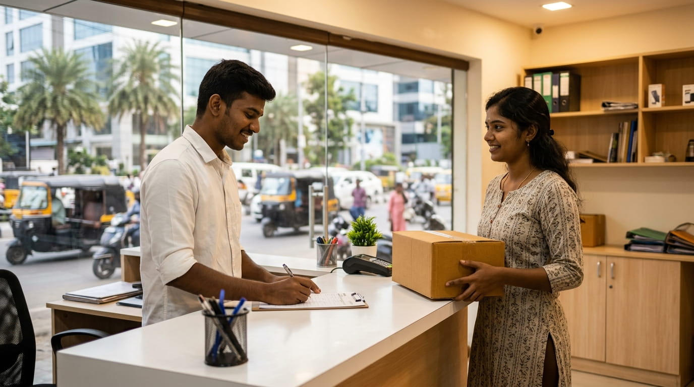 Indoor reception counter in a small neighbourhood courier shop in Tharamani Chennai with staff assisting a customer with a parcel
