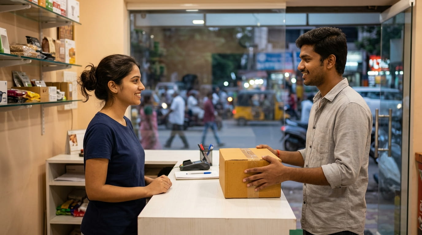 Indoor reception counter in a small neighbourhood courier shop in Teynampet Chennai with staff assisting a customer