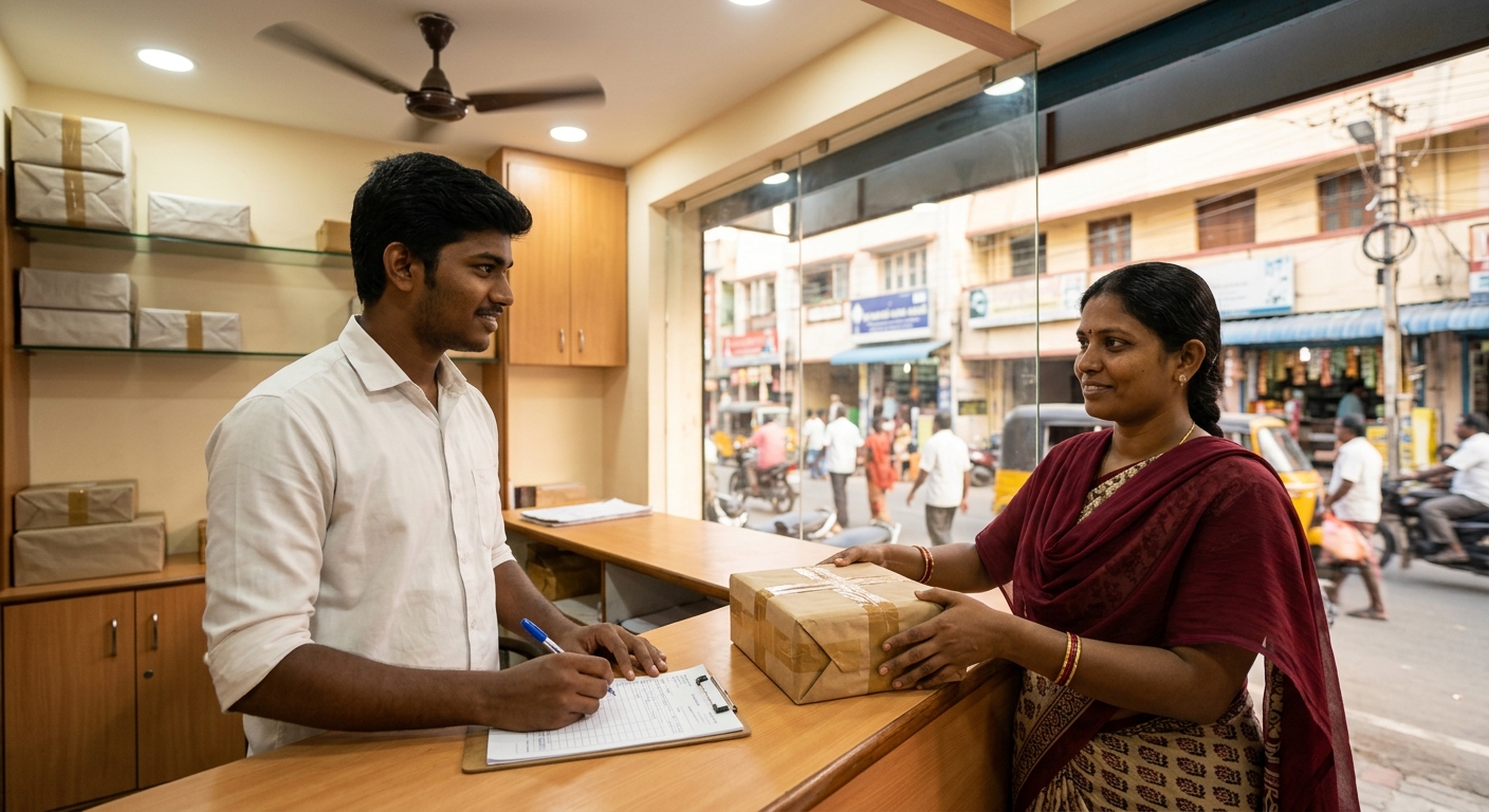Courier service staff helping a customer at a counter inside a small shop on a busy Chennai residential street in Choolaimedu
