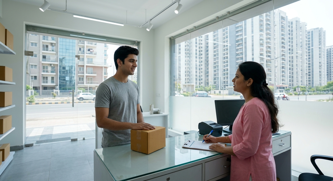 A young couple handing over a packaged parcel to a courier service staff member outside the ground floor of a new apartment building on OMR Kazhipattur Chennai