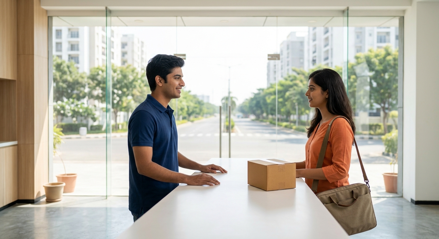 Young professional handing over a sealed parcel at an indoor courier counter near a modern apartment complex road in Kelambakkam Chennai