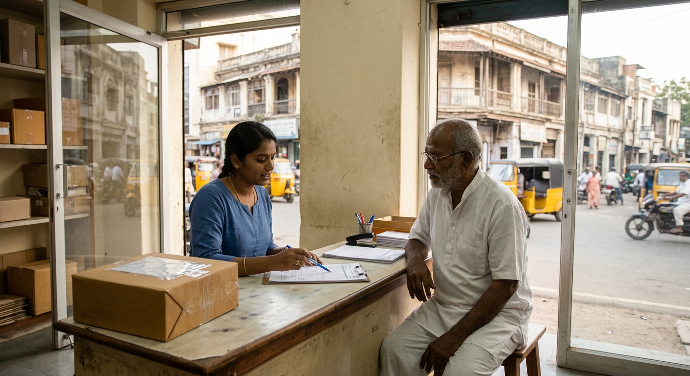 Staff at a small neighbourhood courier counter in Purasaiwalkam Chennai helping an elderly customer with an international parcel