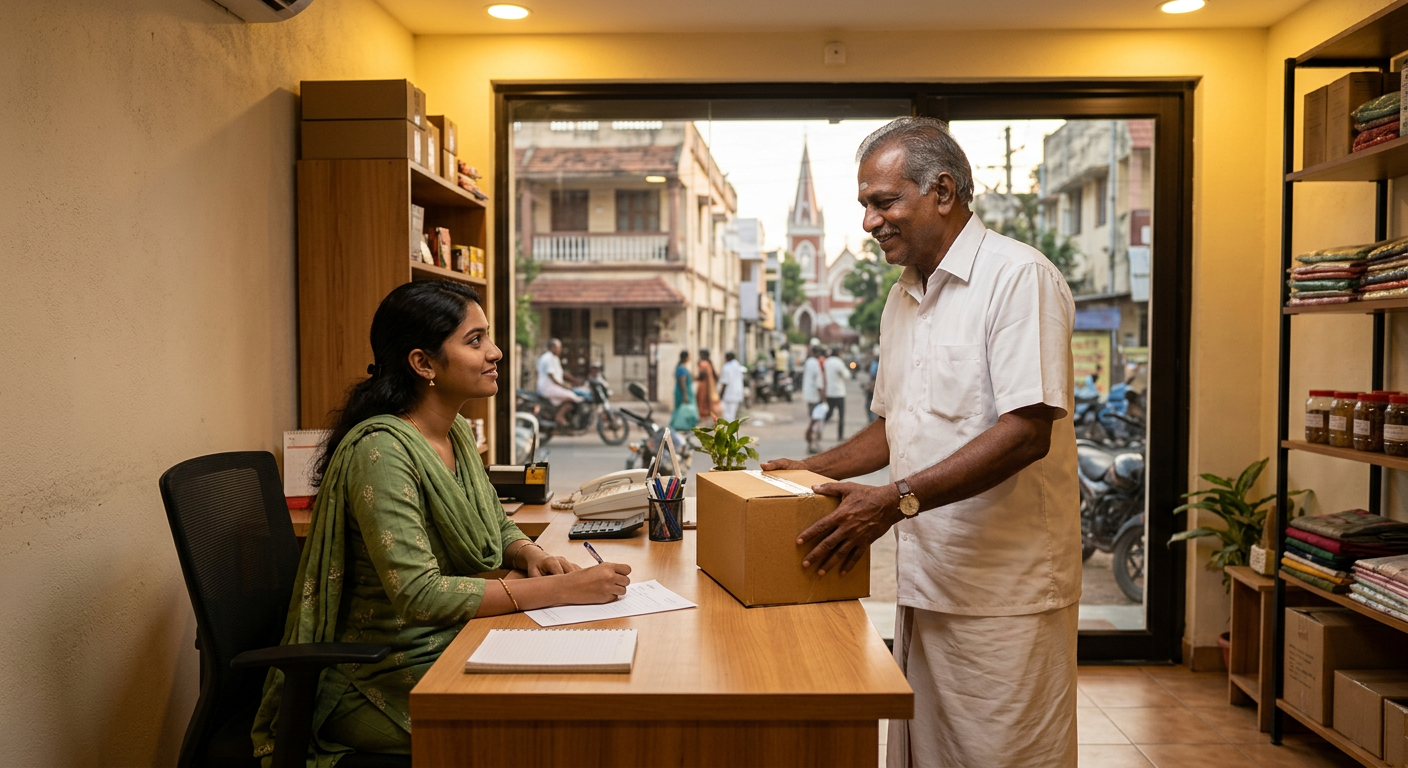 Courier service counter in a small neighbourhood shop in Ayanavaram Chennai with staff helping a customer send a parcel abroad