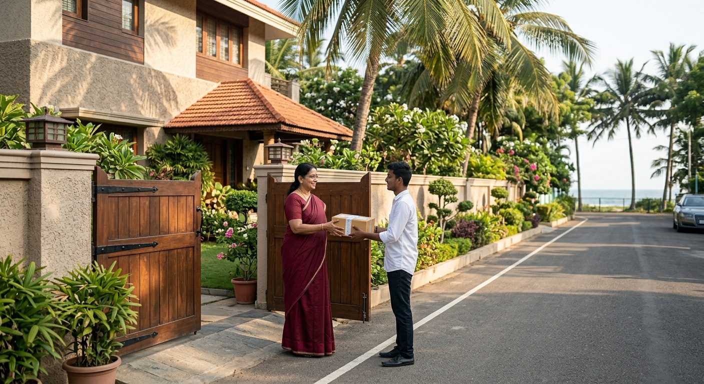 Courier staff accepting a small parcel from a family outside a coastal home near a beach road in Neelankarai Chennai ECR