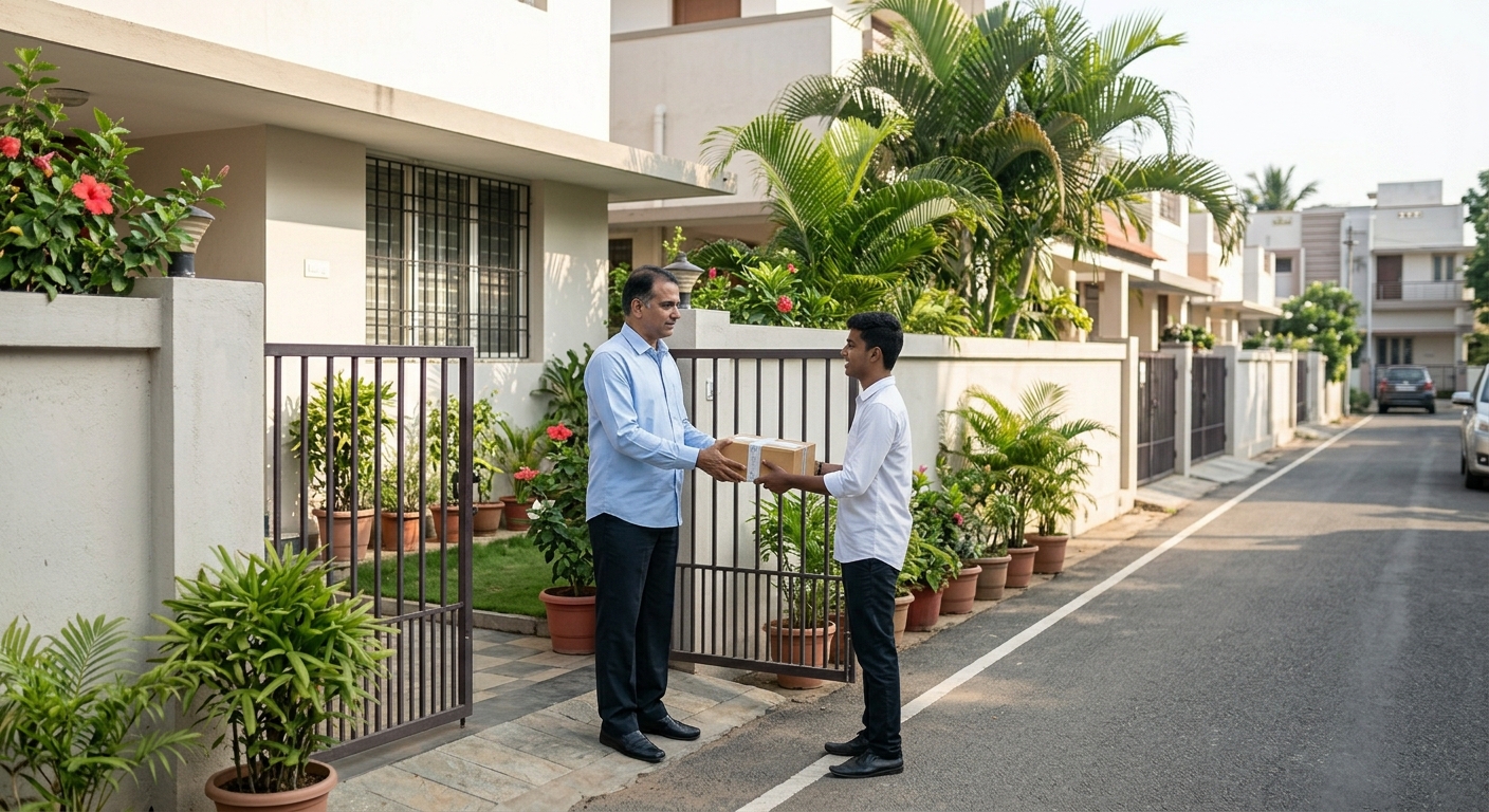 Courier staff accepting a sealed parcel from a man at his home entrance in a residential colony in Pattabiram Chennai