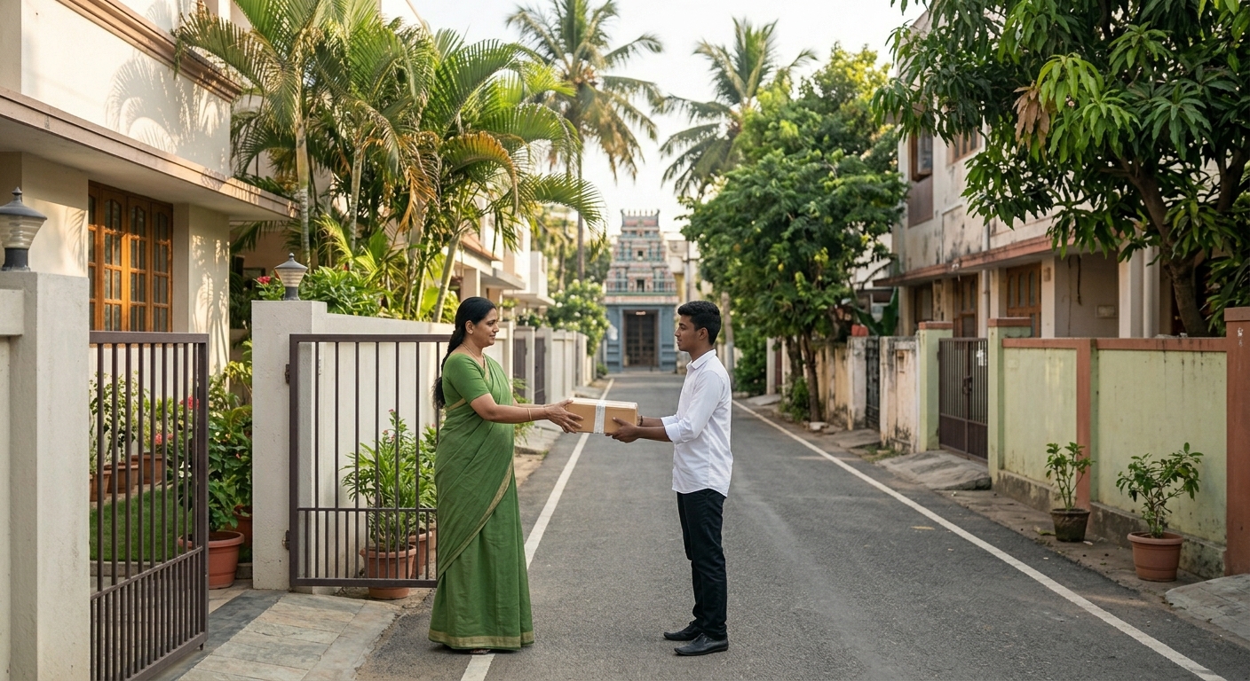 A woman standing at the front door of a South Chennai home handing a packaged parcel to a courier person on a quiet residential street in Selaiyur