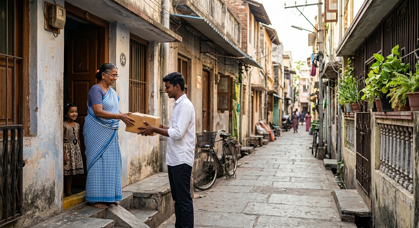 Courier staff collecting a parcel from a resident at their doorstep in a narrow residential lane in Peravallur North Chennai