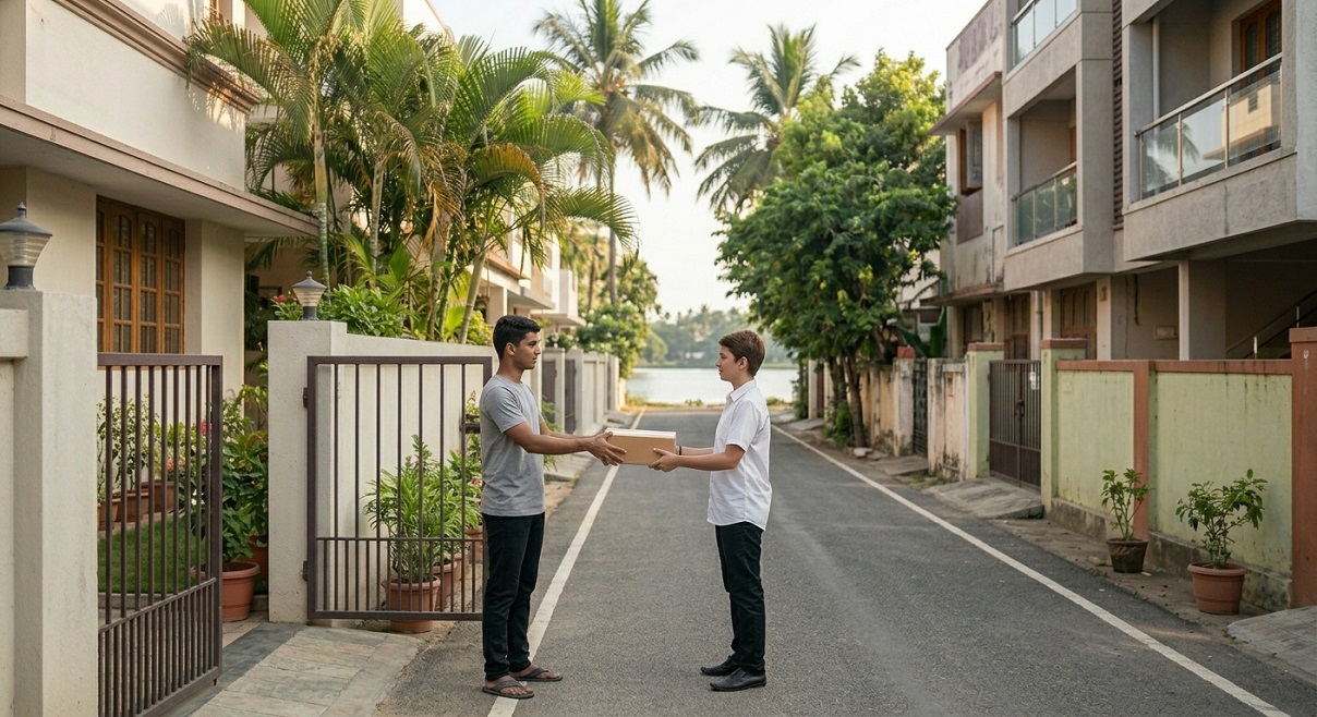 Courier person collecting a cardboard parcel at the door of a modest home on a quiet South Chennai street near a lake in Sembakkam